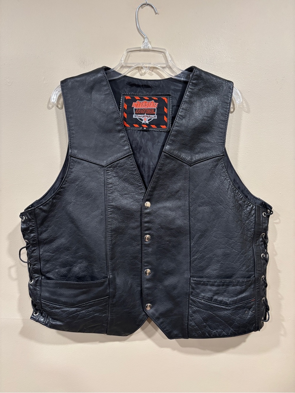 Interstate Black Leather Men's Biker Laced Up Vest Size M